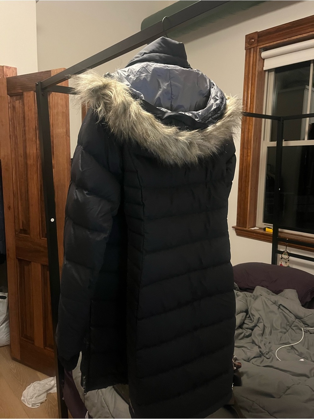 Women's Black Long Puffer Ski Jacket with Faux Fur Trim Hood